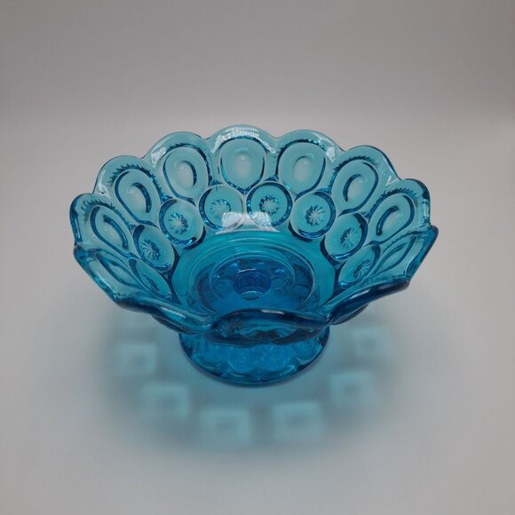 LE Smith Blue Glass Moons & Stars Scalloped Edge Pedestal Bowl Compote - Picture 5 of 13
